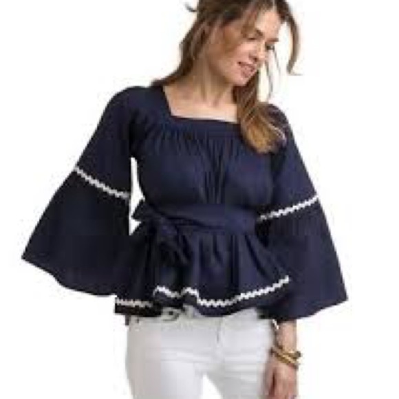 Vineyard Vines Ric Rac Navy Blue Women's Top with Bell Sleeves - Picture 2 of 6
